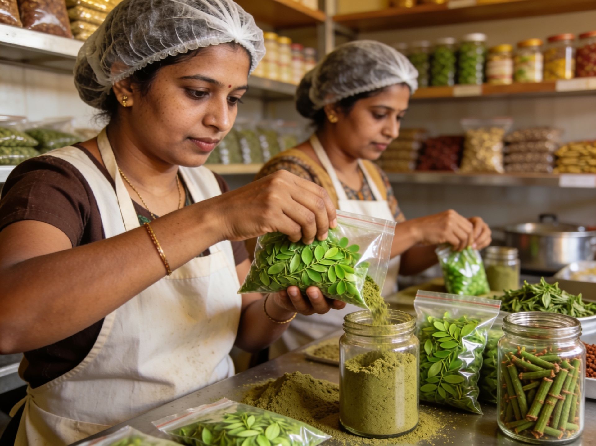 Hand-packing moringa and drumstick at our own unit in Anand